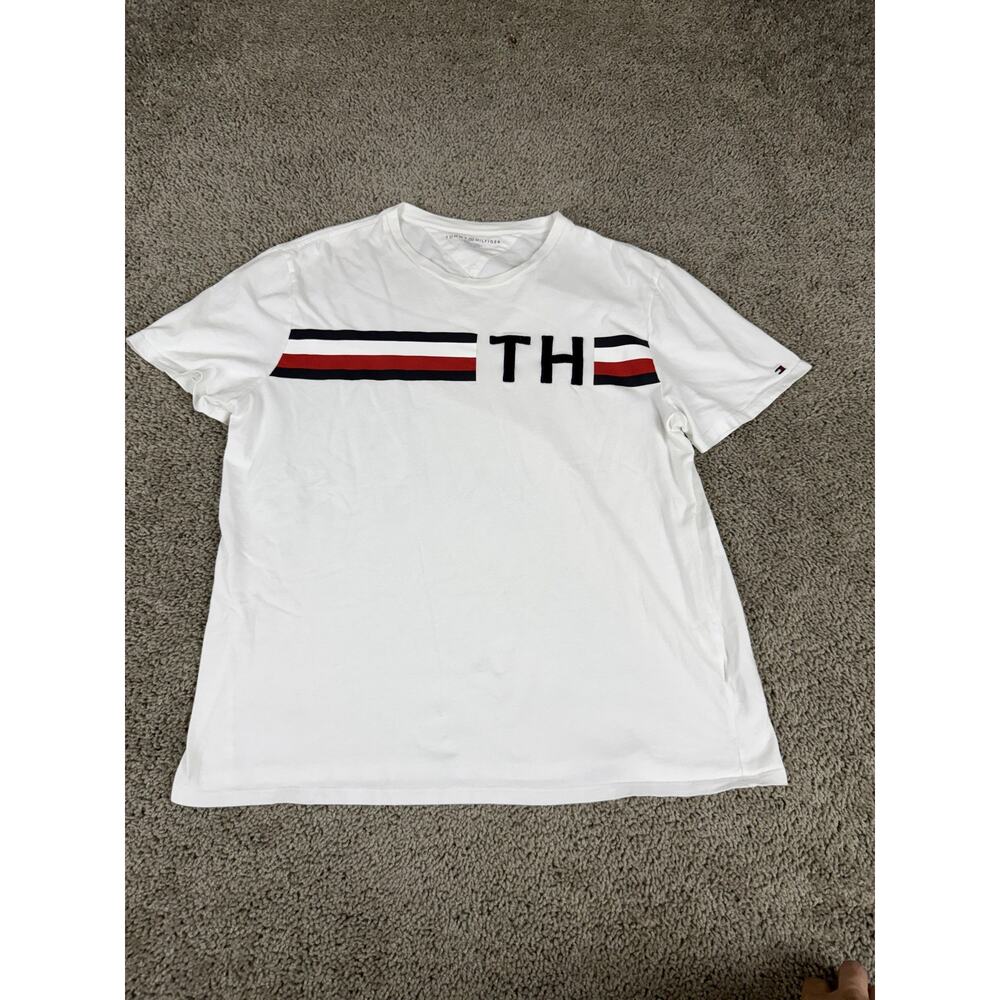 Tommy Hilfiger Shirt Mens Large White TH Stripe Flag Logo Crewneck Casual Tee